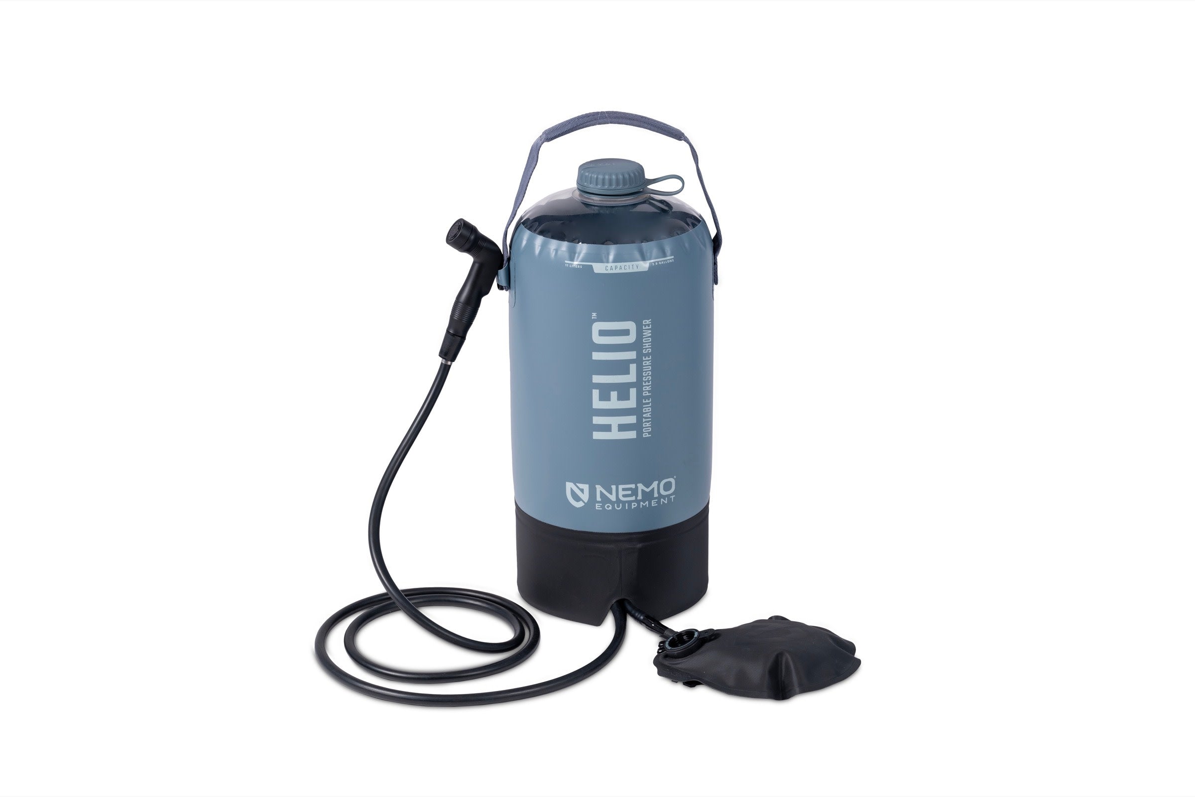 The Helio™ Portable Pressure Shower by NEMO Equipment includes a neoprene hose and pressurizing foot pump, making it ideal for outdoor use.