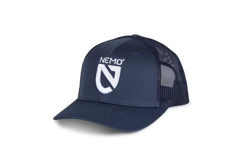 A navy NEMO Trucker Hat by NEMO Equipment, featuring a mesh cap and curved brim, with 
